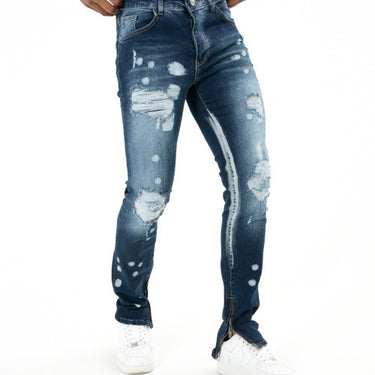 Ausgestellte Jeans mit Reißverschluss, blau mit weißen Flecken