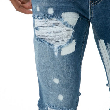 Ausgestellte Jeans mit Reißverschluss, blau mit weißen Flecken